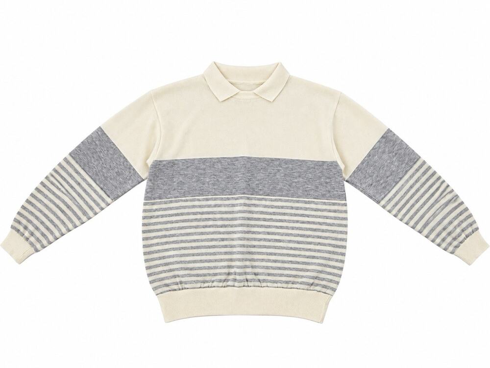 Vintage Women’s Medium Cream Gray Striped Collared Sweatshirt Pullover